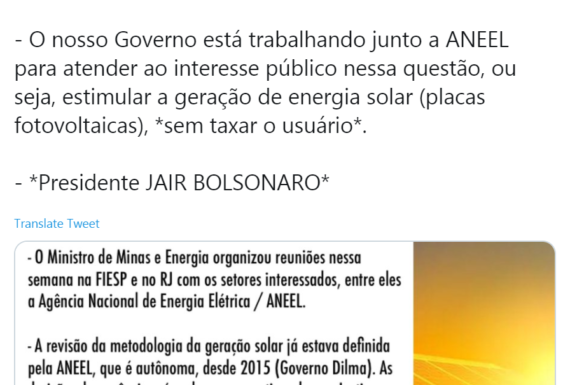 Após críticas à Aneel, Bolsonaro diz que quer estimular energia solar sem taxar usuário