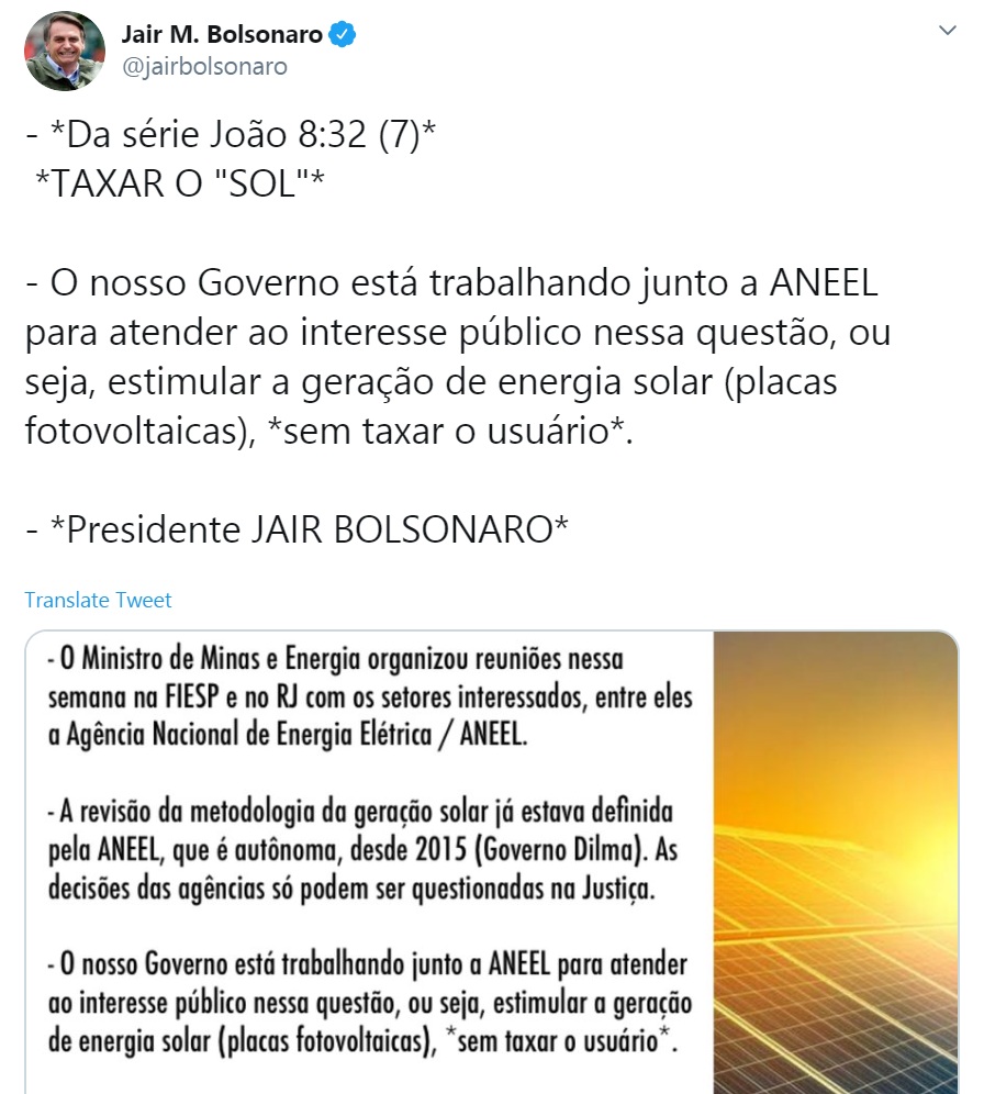Após críticas à Aneel, Bolsonaro diz que quer estimular energia solar sem taxar usuário